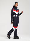 Combinaison de ski une pièce Gsou Snow rétro pour femme, à rayures en V et ceinture évasée