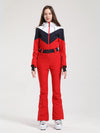 Combinaison de ski Gsou Snow Retro pour femme, à ceinture et jambes évasées colorées.