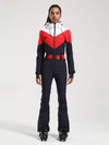 Combinaison de ski une pièce Gsou Snow rétro pour femme, à ceinture et coupe évasée color-block.