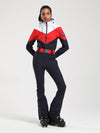 Combinaison de ski une pièce Gsou Snow rétro pour femme, à ceinture et coupe évasée color-block.