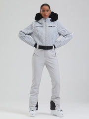 Combinaison de ski évasée Gsou Snow Mountain Chic pour femme, ornée de fausse fourrure.
