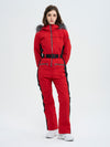 Combinaison de ski évasée pour femme, style montagne chic, avec bordure en fausse fourrure.