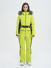 Combinaison de ski évasée pour femme, style montagne chic, avec bordure en fausse fourrure.