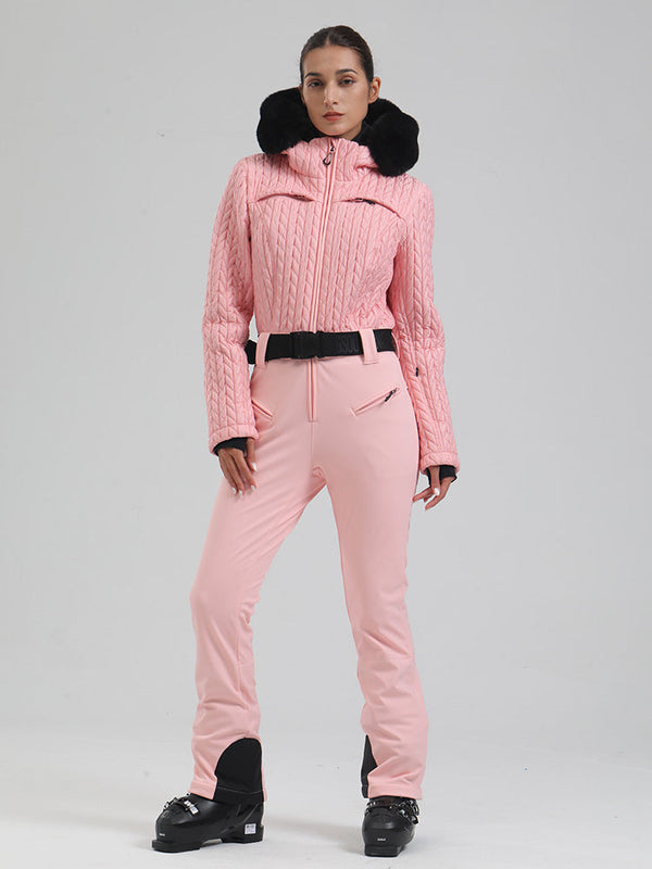 Combinaison de ski évasée Gsou Snow Mountain Chic pour femme, ornée de fausse fourrure.