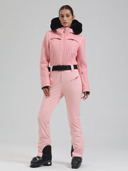 Combinaison de ski évasée Gsou Snow Mountain Chic pour femme, ornée de fausse fourrure.