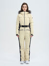 Combinaison de ski évasée pour femme, style montagne chic, avec bordure en fausse fourrure.