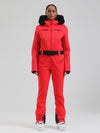 Combinaison de ski évasée Gsou Snow Mountain Chic pour femme, ornée de fausse fourrure.