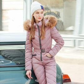 Combinaison de ski une pièce pour femme Katze Creek Down Suits avec bordure en fausse fourrure amovible