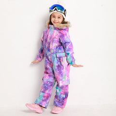 Combinaison de ski une pièce bleue magique et colorée pour enfants, imperméable et colorée.