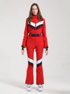 Combinaison de ski Gsou Snow Retro pour femme, à rayures en V et ceinture évasée.