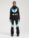 Combinaison de ski une pièce Gsou Snow rétro pour femme, à rayures en V et ceinture évasée