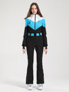 Combinaison de ski Gsou Snow Retro pour femme, à ceinture et jambes évasées colorées.