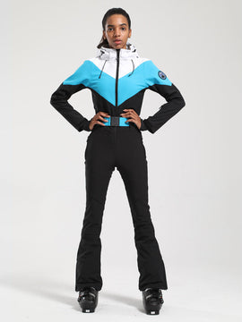 Combinaison de ski une pièce Gsou Snow rétro pour femme, à ceinture et coupe évasée color-block.