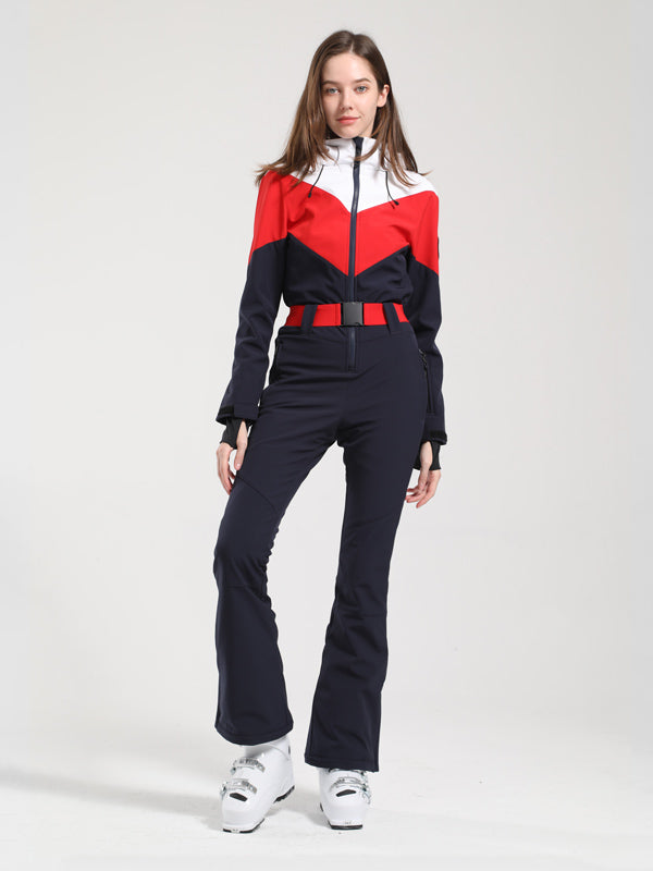 Combinaison de ski Gsou Snow Retro pour femme, à ceinture et jambes évasées colorées.