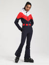 Combinaison de ski une pièce Gsou Snow rétro pour femme, à ceinture et coupe évasée color-block.